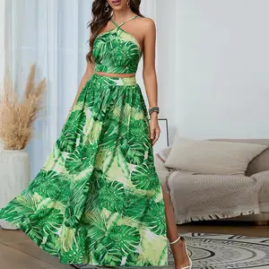 2023 Summer vocation women elegant sexy colorful printed long dress Roman style chiffon maxi dress top bra&midi skirt sets