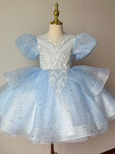 Abito Estivo Corto di Alta Qualità con Maniche a Sbuffo e Stampa di Stelle con Paillettes per Bambine, Outfit per Compleanno e Esibizioni di Pianoforte - Product Image 6