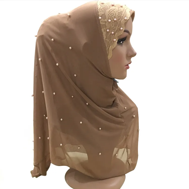 Venta caliente de las mujeres musulmanas perla de encaje instantánea turco poliéster bufanda del hijab