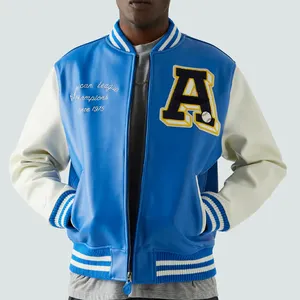 Nouveauté Veste universitaire à manches en cuir, veste de baseball décontractée, blouson bombardier en patchwork