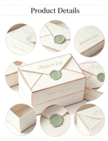 Boîte cadeau réutilisable écologique de style enveloppe rétro avec sceau doré en relief, logo personnalisé et design décoratif