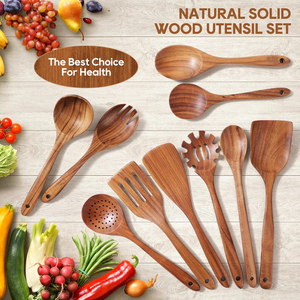 Juego de Utensilios de Cocina de Madera de Teca Natural, Antiadherentes y Seguros, 10 Piezas, Juego de Utensilios de Madera <span class=keywords><strong>para</strong></span> Cocina - Product Image 2