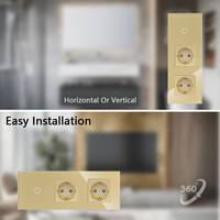 Interruptor de pared táctil 1/2/3 Gang 1 Way Enchufe estándar de la UE con enchufe eléctrico Panel de cristal Dorado 86*157mm