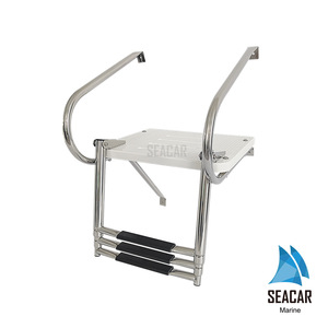 Échelle de bateau Seacar en acier inoxydable 304, plateforme blanche avec poignée courbée, trois marches rétractables, matériel marin - Product Image 1