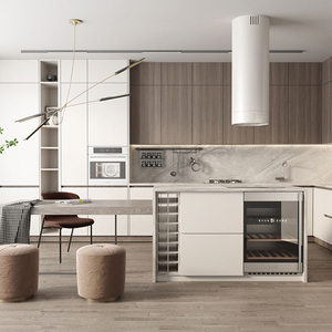 Meubles de villa, armoires de cuisine modulaires modernes en laque blanche personnalisées, peintes en gris et blanc, style lignes simples - Product Image 2