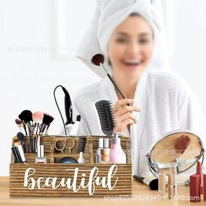 Organizador de cosméticos de madera, caja de almacenamiento de escritorio para maquillaje, secador de pelo, herramientas, estante de bambú de 3 niveles - Product Image 3