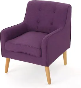 世纪中叶实木框架紫色簇绒纽扣背部亚麻织物软垫客厅重点扶手椅。
