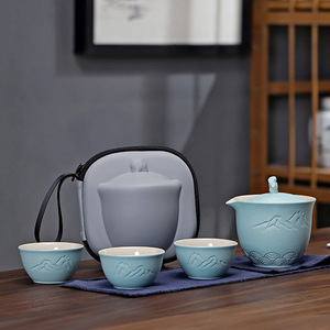 <b>Ceramic</b> Travel <b>Tea</b> Set One <b>Pot</b> Three Cups Portable With Lid Dehua Kung Fu <b>Tea</b> Set For Outdoor Use - Product Image 1
