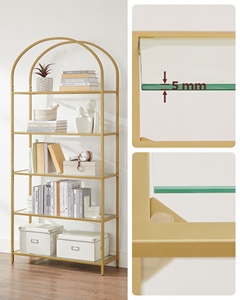 VASAGLE 5-Tier Tall Home Storage Shelf <strong>Gold</strong> Color Tempered Glass <strong>Shelving</strong> <strong>Unit</strong> for Living Room Bedroom Study Bathroom - Product Image 5