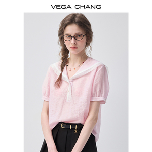 Chemisier rose clair décontracté VEGA CHANG avec col marin et manches bouffantes en tissu texturé – Vente en gros - Product Image 2