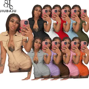 Fashion Women Summer Zipper Pocket Short Solid Color Streetwear One Piece Cargo Jumpsuit