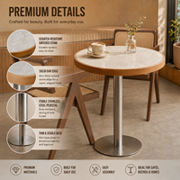 Table de café ronde en pierre frittée, bord en chêne massif, piétement en acier inoxydable, mobilier commercial minimaliste naturel pour café, OEM