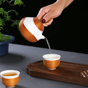 Zhuqige Porcelain <b>Tea</b> <b>Set</b> Teapot And Two Cups Bamboo Woven Handled Traditional Chinese Style Durable Gift For <b>Tea</b> Ceremony - Product Image 3