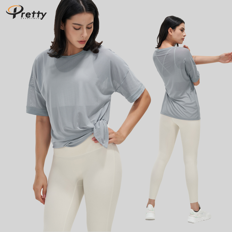 New Style Mesh Quick Drying Women Yoga Clothes Fashionable and Breathable Yoga T-shirts in Stock Loose Yoga Tops for Fitness