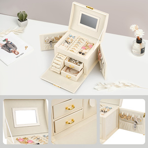 Fabric Jewelry Storage <b>Box</b> Multi-Compartment Organizer with Mirror <b>Lock</b> & Handle for Necklaces & Rings 6-10L Capacity - Product Image 3