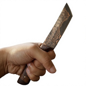 Cuchillo de Hoja Fija de Acero Damasco y Cobre con Mango de Madera, Personalizable, para Caza, Camping y Supervivencia, Dureza 58/60, Garantía de 3 Años - Product Image 3