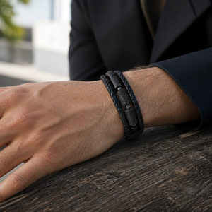 Bracciale Trendy in Vera Pelle con Chiusura Magnetica in Acciaio Inox e Pietra Naturale di Lava Nera, Stile Punk, Regalo per Uomo - Product Image 2