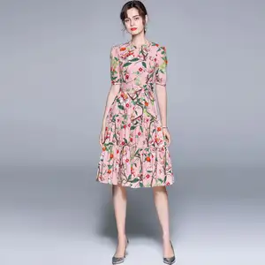 Custom Elegant Sweet Pink Dress O Neck Midi Dress Short Sleeve Belt Waist Pomegranate Print Pleated Casual Dress