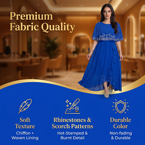 Abaya de style boutique pour femmes musulmanes, bleu roi, en polyester et mousseline, longue, avec manches cape ornées de strass, pour banquets et soirées, ourlet superposé - Product Image 2