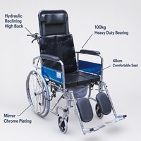 Fauteuil roulant commode inclinable robuste en acier chromé avec dossier haut et repose-pieds relevable – Équipement de mobilité manuel
