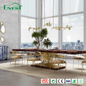 Juego de Mesa y Sillas de Comedor Largas de Madera de Burl Hechas a Mano de Lujo con Base de Latón Dorado para Proyectos de Villas/Restaurantes de Hoteles de 5 Estrellas - Product Image 1