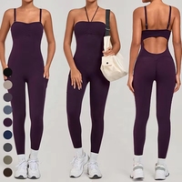 Combinaison de yoga et de sport pour femme, sans manches, à col noué, dos évidé, avec fronces sur le devant et design froncé sur les côtés aux fesses