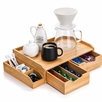 Support de Comptoir Artisanal en Bambou pour Capsules avec Double Tiroir et Plateau Séparateur pour Dosettes de Café et Sachets de Thé