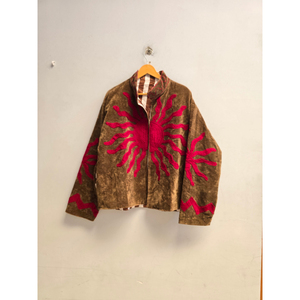 Veste zippée en daim marron pour femme, broderie soleil rouge, style Y2K, col montant, doublure en coton réversible - Product Image 2