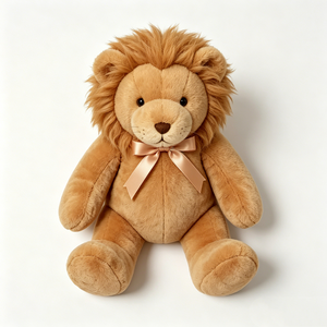 Peluche de león marrón suave, león de peluche con corbata de lazo, león de peluche con lazo color champán, león de peluche realista. - Product Image 1