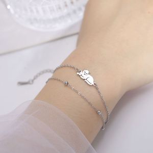 Pulsera de Acero Inoxidable con Dije de Gato Acostado para Mujer, Linda Pulsera de Mano con Doble Cadena de Gatito, Joyería, Regalo, Venta al por Mayor - Product Image 2