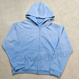 Sweats à capuche personnalisés de haute qualité pour hommes sweat à capuche surdimensionné en coton éponge épais lavé à l'acide bleu 400 g/m² avec fermeture éclair et strass - Product Image 1