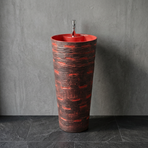 Lavabo sur pied monobloc en céramique rouge, design moderne, avec mitigeur Jeker - Product Image 6