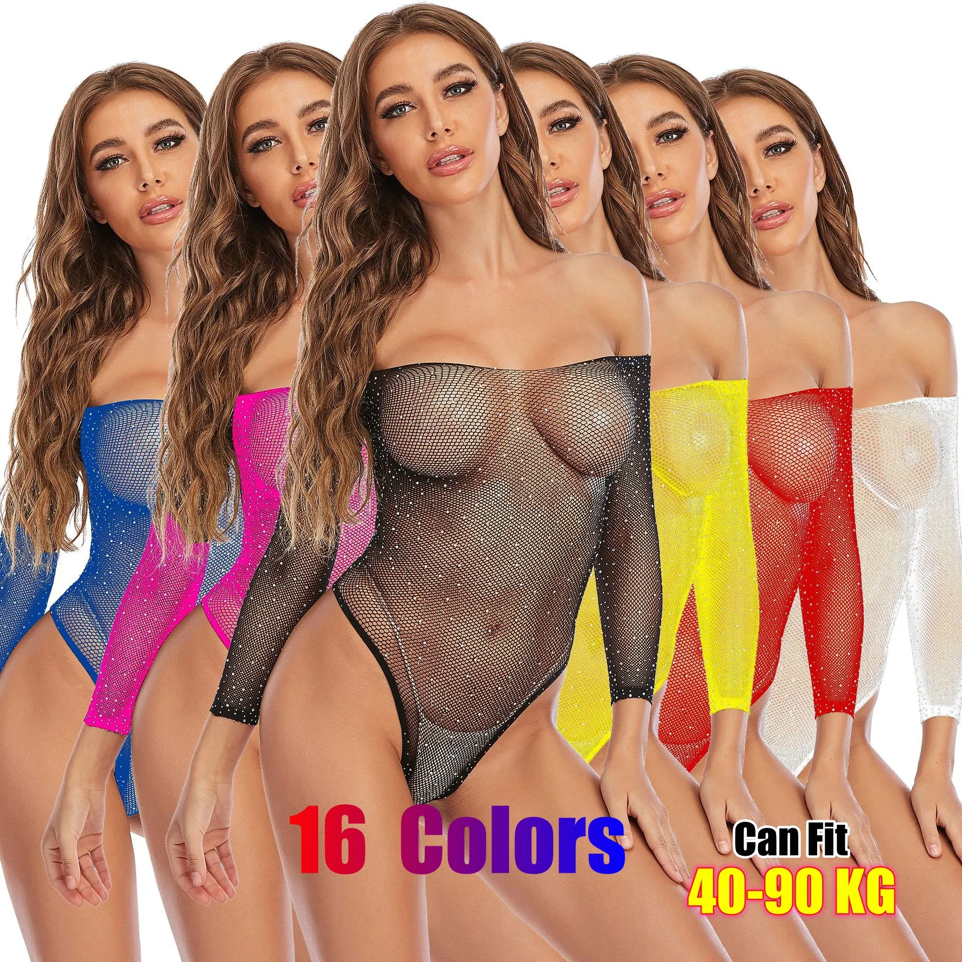 16 renkler kadınlar Mesh Lingerie uzun kollu parlayan Rhinestones Bodysuit yeni egzotik Lady seksi iç çamaşırı