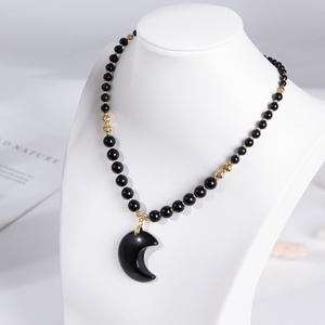 Fornitura di fabbrica oro placcato 18K collana a catena di ossidiana nera naturale perle di pietre preziose a forma di luna ciondolo moda perline di perline - Product Image 1