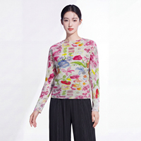Chemisier plissé Miyake 2026 à manches longues et col rond pour femme, imprimé floral artistique multicolore, directement de l'usine