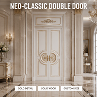 Porte intérieure de luxe en bois massif, style néo-classique, double battant, avec panneau sculpté motif médaillon blanc et or, taille personnalisée pour chambre, villa, hôtel