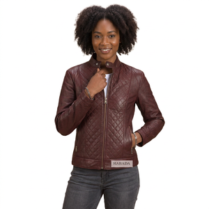 Quilted Leather <b>Jacket</b> Maroon Biker Outerwear Diamond Stitched Stand Collar Zip Coat Women Quilted Leather <b>Jackets</b> - Product Image 3