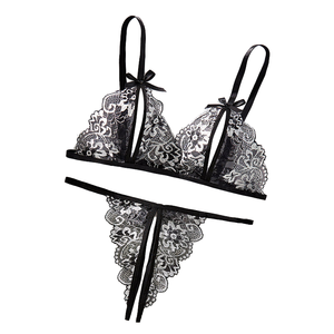 Bloemenkant sexy lingerie strik open split cup intieme bh en strings sets kruisloos ondeugend seksoutfit damesondergoed - Product Image 1