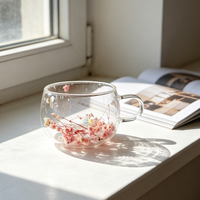 Tasse à double paroi en verre borosilicate transparent, résistante à la chaleur, pour jus, simple et isolante, avec fleurs séchées