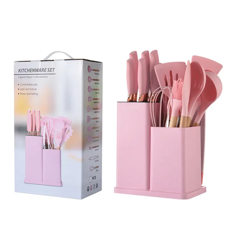 Silicone kitchen utensils set 19-piece knife combination set storage tube wheat straw color set knife holder storage rack