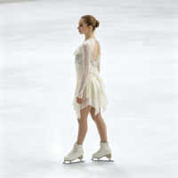 Robe de patinage artistique blanche ivoire pour enfants et adultes, à manches longues en maille, avec strass argentés et dos à volants, pour compétition et spectacle de patinage sur glace