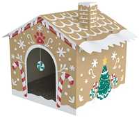 Maison pour chat en carton décorative de style chalet de jardin, lit pour animaux de compagnie pliable avec lumières à cordes et coussin en peluche