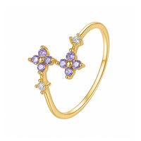 Bague ouverte Glowluxe en argent sterling 925 plaqué or, design trèfle à quatre feuilles avec zircon violet, bijoux botaniques contemporains