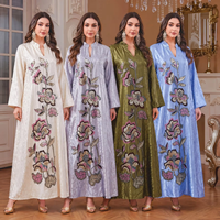 Abaya Jacquard pour Femme, Col Montant Décontracté, Broderie Florale à Paillettes et Perles, Grande Taille, Manches Longues, Robe Longue Modeste de Dubaï