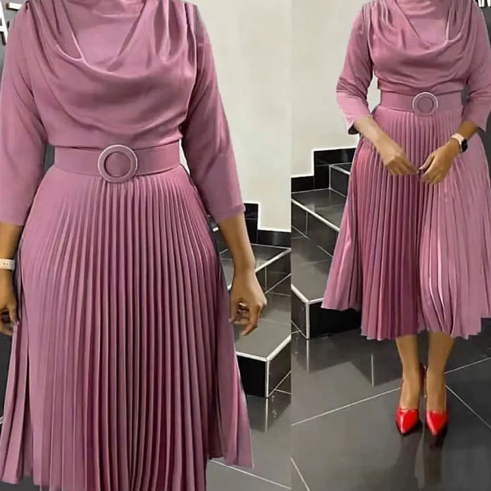 BOBOYU 2023 new style women office dress african plus size solid color pleated midi dress elegant casual party dress ladies wear