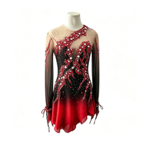 Robe de patinage artistique à dégradé noir et rouge, manches longues, dos profond en maille, strass, costume de compétition personnalisé pour enfants, adolescents et adultes