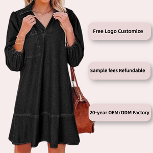 Robe de soirée pour femme, nouvelle collection, décontractée, col en V, manches trois-quarts bouffantes, longueur midi, en jean délavé clair, coupe droite - Product Image 2
