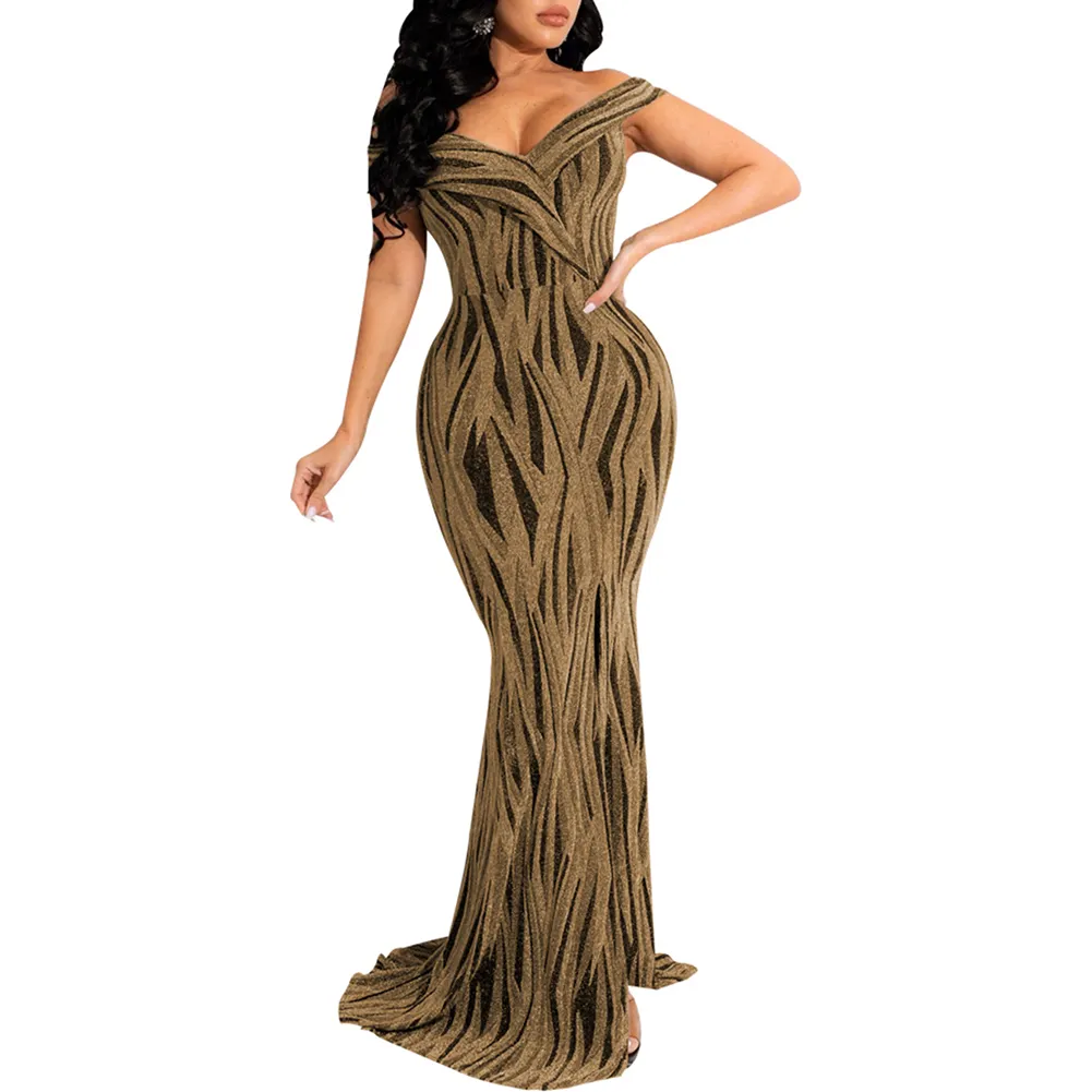 Ready to Ship Women Gold Shiny Long Prom Gowns Sexy Fishtail Evening Dresses 2023