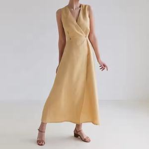 เดรสผ้าลินินคุณภาพสูงแบบใหม่สำหรับผู้หญิง คอวี แขนกุด สไตล์ลำลอง สีพื้น แต่งระบาย ทรงเข้ารูป ยาวแบบแม็กซี่ เรียบหรู เหมาะสำหรับโอกาสพิเศษ - Product Image 1