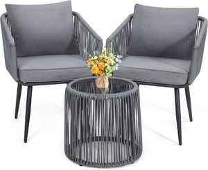 Hot Sale in Europe Outdoor All-Weather <strong>Grey</strong> 3 Pieces Patio Rattan <strong>Bistro</strong> Conversation <strong>Set</strong> with Cushion for Balcony and Backyard - Product Image 6